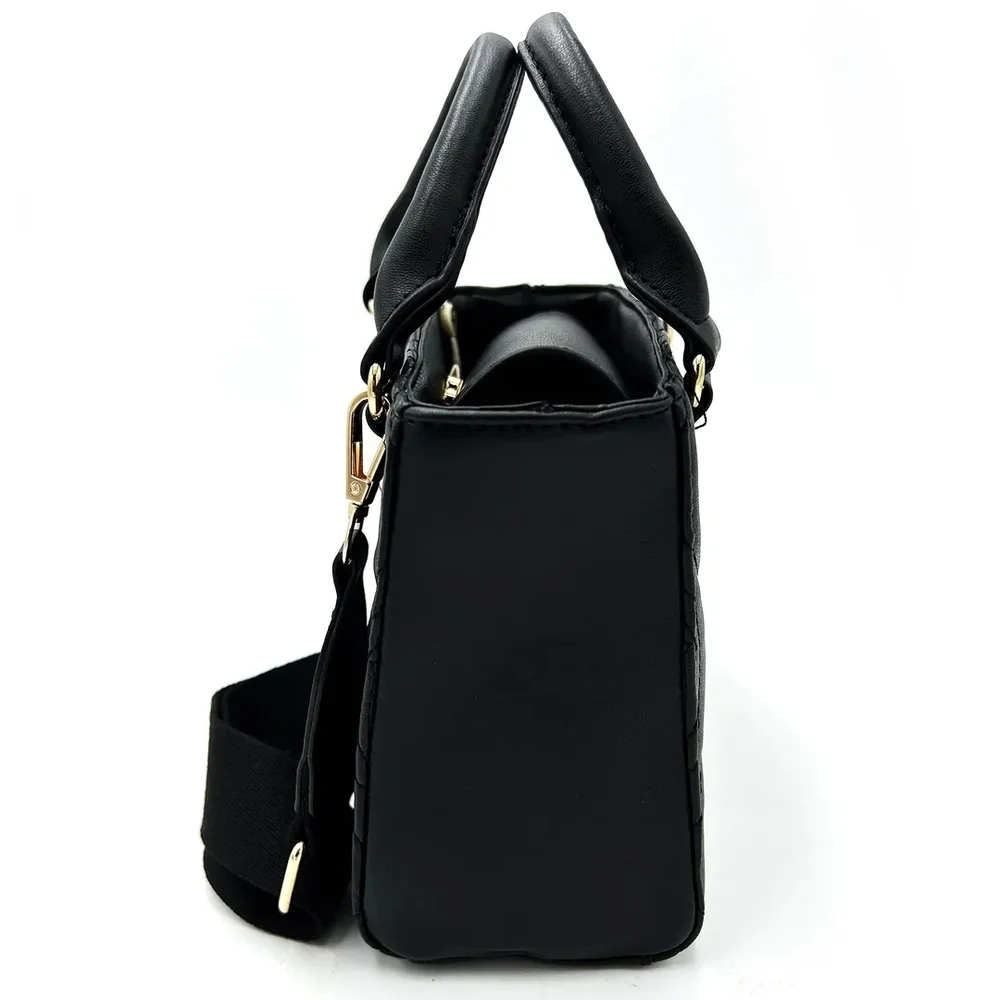 Valentino Orlandi Black Quilted Satchel with Gold Logo Charm and Strap